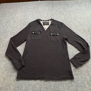 Guess‎ Shirt Mens XXL Black Long Sleeve V-Neck Waffle Knit Henley Runs Small
